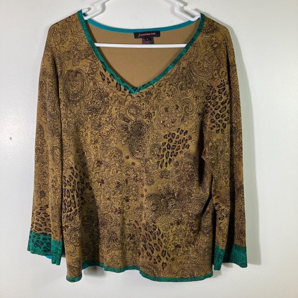 Womens Francesca Rose‎ Silk Top V Neck Beads Brown Green L Silk Nylon Spandex
